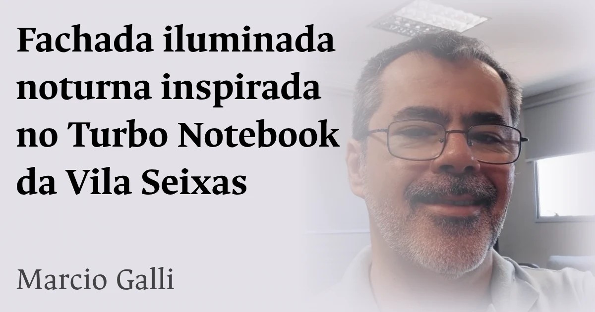 Fachada iluminada noturna inspirada no Turbo Notebook da Vila Seixas